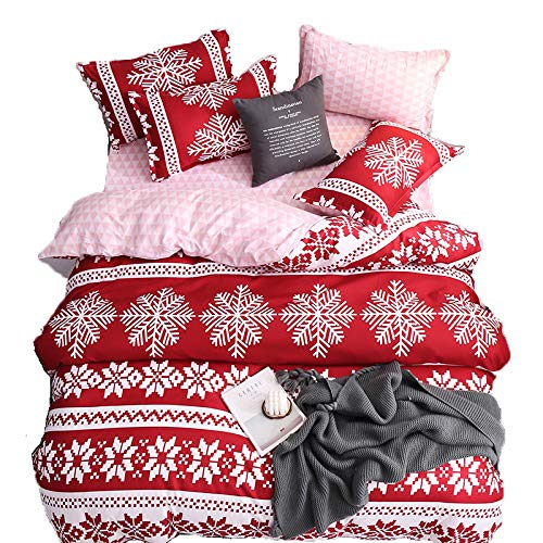 Christmas Bedding Snowflake Reversible Duvet Cover Set Pink Soft Gift Holiday Decor Teens(1 Duvet Cover+2 Pillowcases+1 Bedsheet) Red,Twin