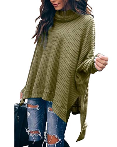 Book Cover PRETTYGARDEN WomenÃ¢â‚¬s Casual Cowl Neck Solid Long Batwing Sleeve Pullover Tops Waffle Knit High Low Split Oversized Tunic Sweatshirt (Army Green, Small)