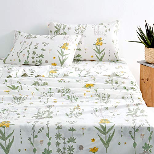 Book Cover Wake In Cloud - Botanical Sheet Set, Yellow Flowers and Green Leaves Floral Garden Pattern Printed on White, Soft Microfiber Bedding (4pcs, King Size)