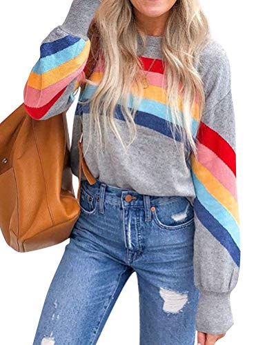 Book Cover Nlife Women Rainbow Striped Spliced Pullover Tops Colorful Casual Sweatshirts