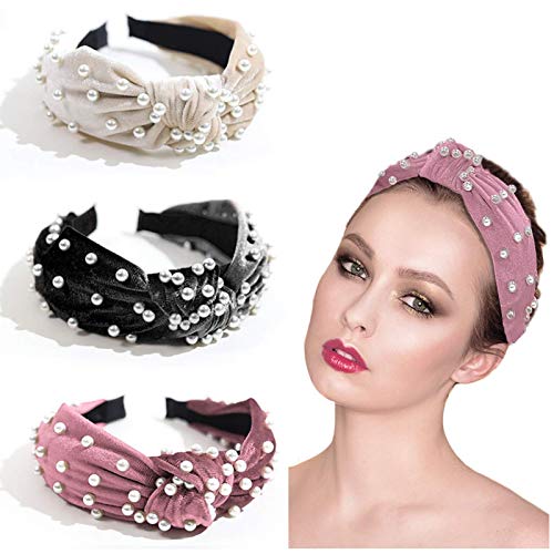 Hairbands for Women Velvet Pearl Headbands 3 Pack Fashion Elegant Cross Knot Hair Hoop Hair Clip Hairpins for Girls Headwear Hair Accessories