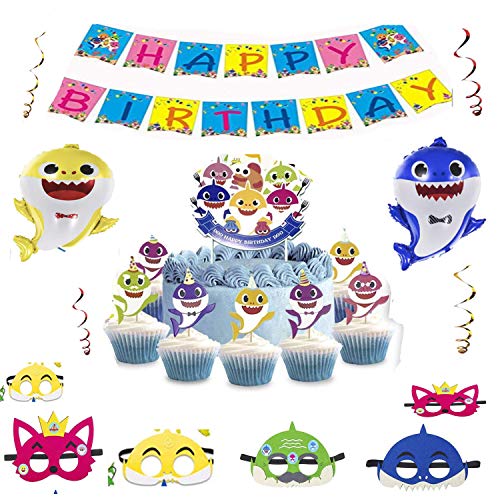Baby Shark Party Supplies - Baby Shark Birthday Decorations - Baby Shark Balloons With 1 Big Cake topper 24 Cupcake toppers 6 Shark Masks and 1 Happy Birthday Banner for Cake Decor/Baby Shower/Kids Birthday Party