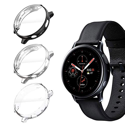 KPYJA for Samsung Galaxy Watch Active 2 44mm Screen Protector, All-Around TPU Anti-Scratch Flexible Case Soft Protective Bumper Cover for Galaxy Watch Active 2 Smartwatch (Black/Silver/Clear, 44mm)
