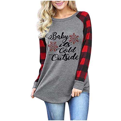 ZXjymll/~ Women Christmas Print T-Shirt Blouses Casual Sleeve Round Neck Plaid Tops Tunic - - Medium