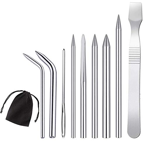 HONG 111 Paracord Stitching Set, 9 Pieces Different Size Paracord FID Stainless Steel Lacing Stitching Needles and Paracord Smoothing Tool with Velvet Bag for Bracelet and Leather Weaving (9 Pieces)