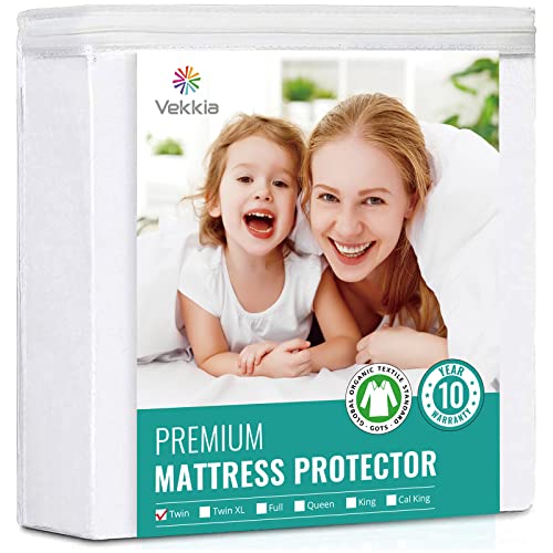 Vekkia Organic Mattress Protector Breathable Waterproof Mattress Cover,Fitted 8"-18" Deepï¼ˆTwinï¼‰