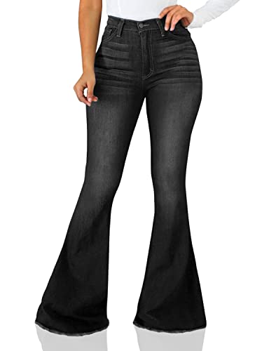 SeNight Women Bell Bottom Jeans Elastic Waist Ripped Flared Jean Destroyed Raw Hem Denim Pants
