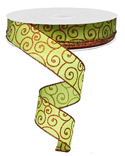 Glittered Thin Scroll Wired Edge Ribbon - 50 Yards (Lime, Red, 1.5 Inch)