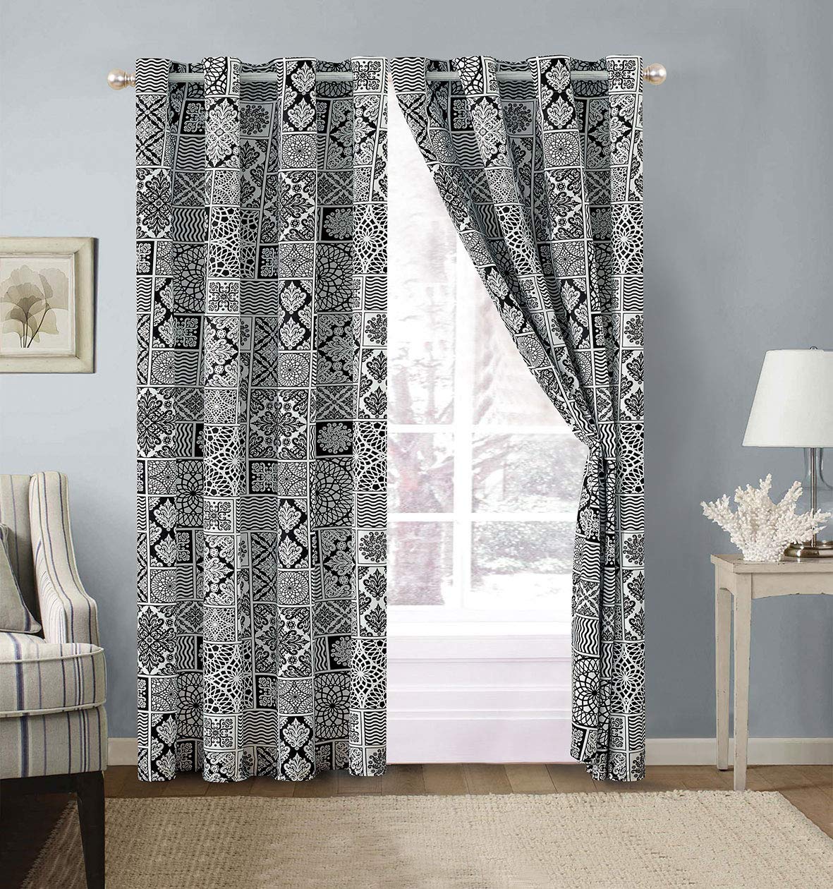 Book Cover Modern 2 - Piece Printed Grommet Curtain Set Drapes/Window Panels 108 inch Wide X 84 inch Long (Black, White, White, Lattice) 84 in (Tall) Black, White, Off White, Lattice