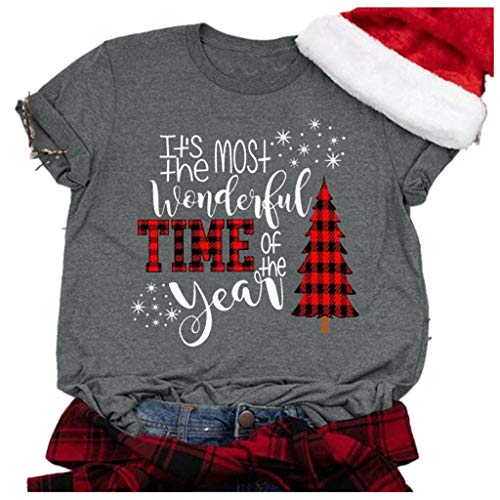 Oliviavan It's The Most Wonderful Time of The Year T Shirt Women Christmas Letters Print Casual Tees Gray