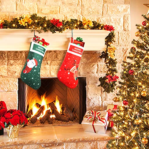 Book Cover EasyAcc Christmas Stockings for Fireplace, 2 Pack 15.7'' Red Green Reindeer Santa Christmas Stocking Christmas Tree Decorations for Christmas Family Holiday Xmas Decor