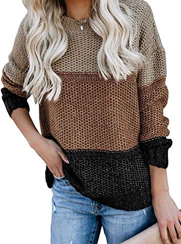 Kancystore Womens Casual Crew Neck Color Block Oversized Sweater Long Sleeve Knit Pullover Jumper Tops