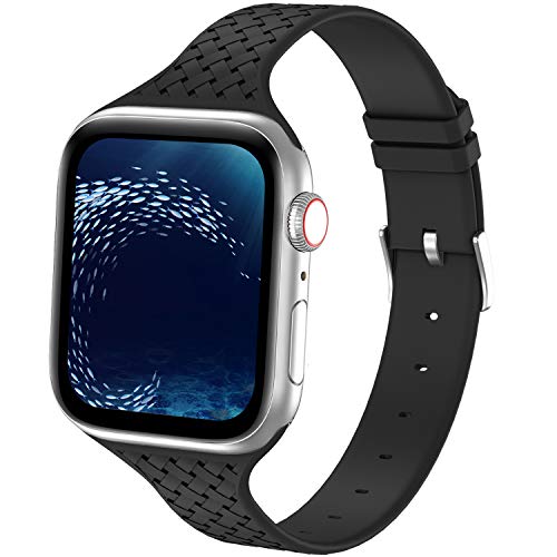 Bandiction Sport Band Compatible with Apple Watch Band 38mm 40mm, Silicone Sport Watch Band Slim Soft Weave Pattern Wristband Women Replacement Strap for iWatch Series 6 SE 5 4 3 2 1(Black)