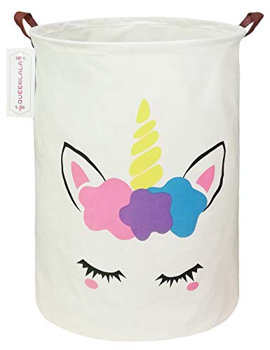 Book Cover QUEENLALA Large Storage Basket,Laundry Hamper/Bathroom/Home Decor/Collapsible Round Storage Bin,Boys and Girls Hamper/Boxes/Clothing (Golden Unicorn)