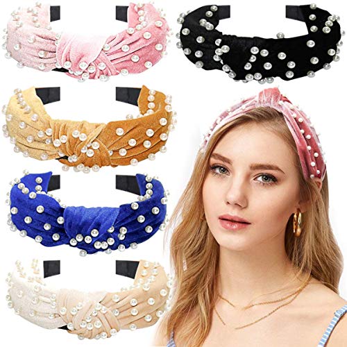 Pearl Knotted Headbands for Women 5 Colors, MOLYHUA Cross Knot Turban Headband Fashion Hair Bands Velvet Wide Headbands Hair Accessories for Girls