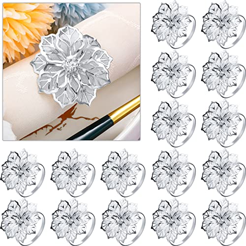 Book Cover 24 Pack Napkin Rings Alloy Hollow Out Flower Ring Napkin Holder Adornment Exquisite Household Floral Rhinestone Napkins Rings Set for Wedding, Mother’s Day, Party Dinner Table Decor (Sliver)