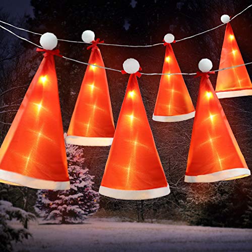 Christmas Santa Hat Light Decoration, 6 Pieces Hanging Fairy Hat Waterproof String Lights 8.2ft 18 LEDs, USB or Battery Powered, Glowing Lights Decor for Home, Garden, Patio Party (Red Santa Hat)