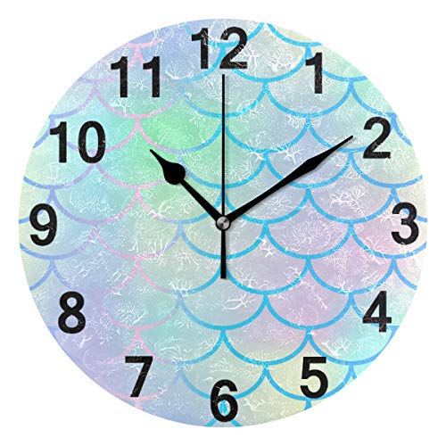 ZZKKO Sea Ocean Mermaid Scales Wall Clock Quartz Analog Quiet, 9.5 Inch Round Desk Clock Battery Operated Easy to Read Decorative for Kitchen Bedroom Bathroom Living Room Classroom