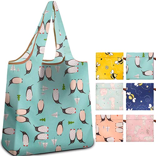 Reger Reusable Shopping Grocery Bags Light Weight Machine Washable Foldable into Attached Pouch 6 in 1 Pack Penguins Bees