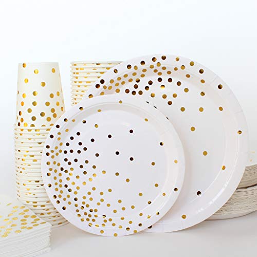 Book Cover White and Gold Party Supplies, White & Gold Dots - Paper Dinner Plates, Dessert Plates, Cups & Napkins, Set of 200 for 50 People – Wedding, Bridal, Birthday, Onederful, Baby Girl or Boy Shower Decor