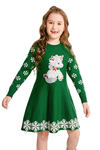 SMILING PINKER Girls Christmas Dress Unicorn Snowflake Crew Neck Long Sleeve Winter Sweater