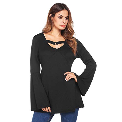 Book Cover FineFolk Women's V-Neck Flare Sleeve Cut Out Front Solid Casual Loose Tunic Top
