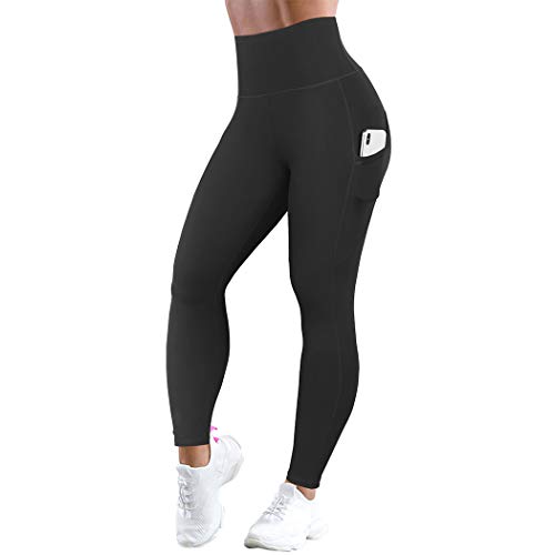 SUUKSESS Black High Waisted Workout Leggings with Pockets for Women Tummy Control Yoga Pants (Black, M)