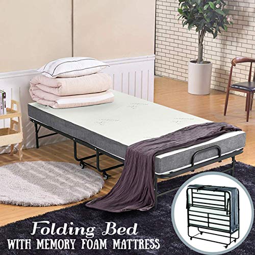 Book Cover Erommy 77Ã—38 Inch Folding Bed with Super Strong Sturdy Frame and 5 Inch Luxurious Memory Foam Mattress,Portable Moving Wheels-Twin Size