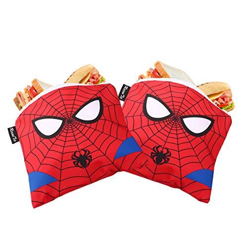 Book Cover RecooTic Reusable Sandwich Bags Spiderman Snack Bags with Zipper - Washable Lunch Bags - Set of 2