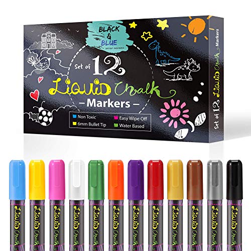 Book Cover Black & Blue Erasable Liquid Chalk Markers for Arts, Crafts, Bistro Boards, DIY Kitchen Labels, or Chalkboards, Fun and Colorful for Drawing, Writing, or Hobby Use, 12 Pc Set