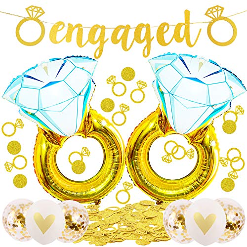 Engagement Party Decorations-Giant 45 inch Diamond Wedding Ring Balloons,Extra-Large Engaged Banner and Glittering Gold Ring Confetti Set for Engagement Bachelorette and Bridal Shower Decorations
