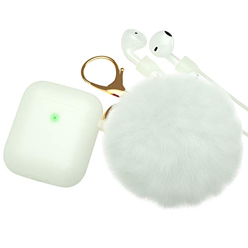 Book Cover BRG for AirPods Case,Soft Cute Silicone Cover for Apple Airpods 2 & 1 Cases with Pom Pom Fur Ball Keychain/Strap/Accessories for Women Girls (Front LED Visible) Glow White