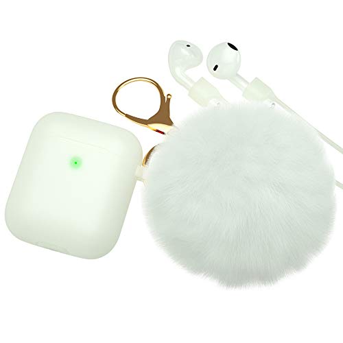 BRG for AirPods Case,Soft Cute Silicone Cover for Apple Airpods 2 & 1 Cases with Pom Pom Fur Ball Keychain/Strap/Accessories for Women Girls (Front LED Visible) Glow White
