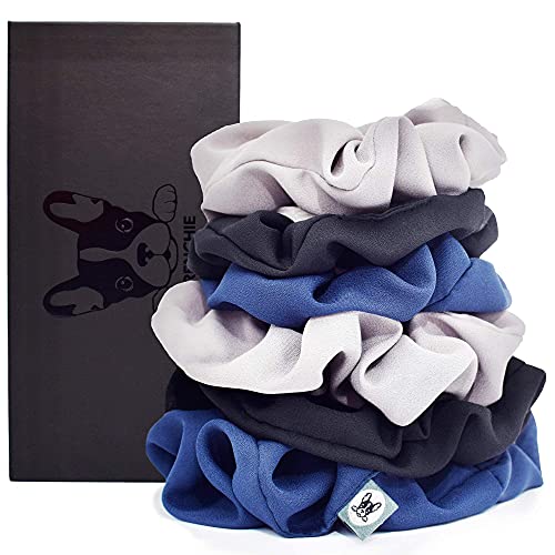 FRENCHIE SCRUNCHIES | Exquisite Athletic Scrunchies in Classic Colours in Matte Black Scrunchies Holder Gift Box - Small & Large Scrunchies - Black, Navy Blue, Gray - Workout Scrunchies