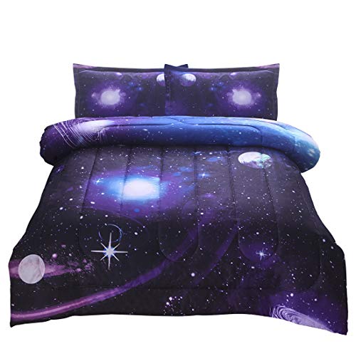 Book Cover JQinHome Full/Queen 3-Piece Galaxies Purple Comforter Sets - 3D Space Themed - All-Season Down Alternative Quilted Duvet - Reversible Design - Includes 1 Comforter, 2 Pillow Shams
