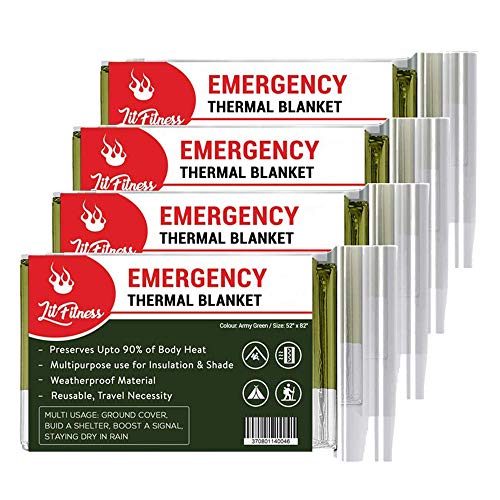 Book Cover LIT FITNESS Emergency Blankets (Pack of 4) Thermal Blankets, Space Blanket Designed for Outdoors, Hiking, Survival, Marathons Survival Blanket, First Aid or Camping Blanket kit