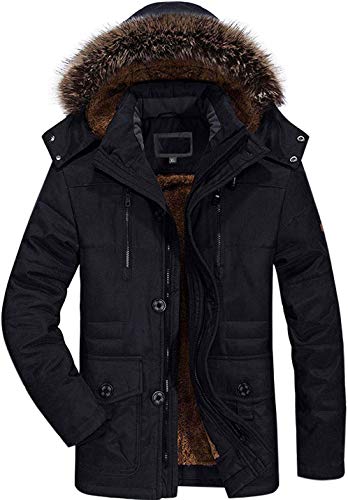 Winter Coats Jackets for Men Warm Parka Faux Fur Lined with Detachable Hood Black L