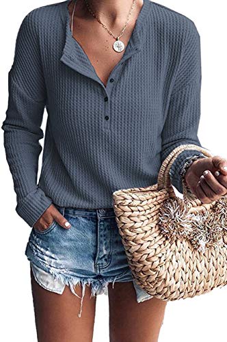 Winter Tops for Women Long Sleeve V Neck Button Down Waffle Henley Shirts Blue M
