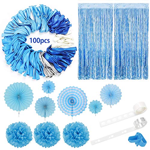 Book Cover Blue Balloons Arch Garland Party Decorations Kit 114 Pack, Boy Baby Shower Balloons Set,Blue Silver White Balloons + Foil Fringe Curtain + Paper Tissue Flower Pom Poms + Tissue Paper Fans for Birthday