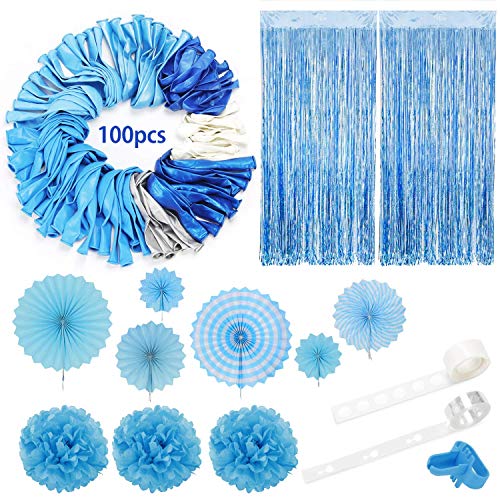 Blue Balloons Arch Garland Party Decorations Kit 114 Pack, Boy Baby Shower Balloons Set,Blue Silver White Balloons + Foil Fringe Curtain + Paper Tissue Flower Pom Poms + Tissue Paper Fans for Birthday
