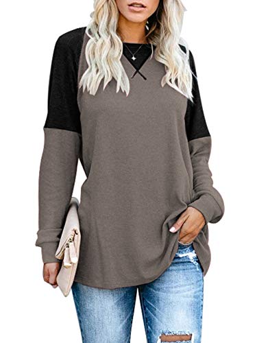 Sarin Mathews Womens Long Sleeve Tops Casual Shirts Round Neck Color Block Loose Fit Tunic Tops for Leggings Brown L