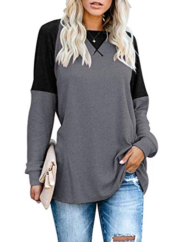 Sarin Mathews Womens Tops Long Sleeve Shirt Casual Round Neck Color Block Loose Fit Tunic Tops Blouses Darkgrey XL