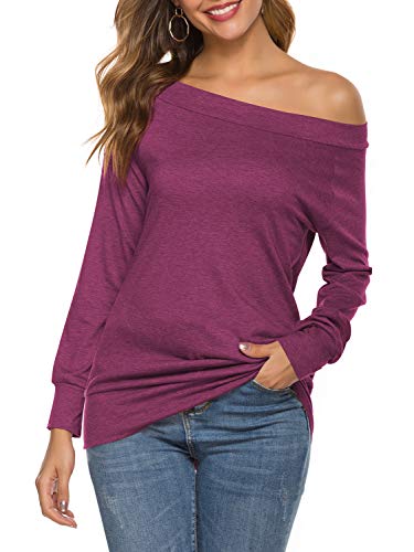 Sarin Mathews Womens Tops Off The Shoulder Long Sleeve T Shirt Blouses Casual Tunic Tops for Leggings for Women RedPurple S