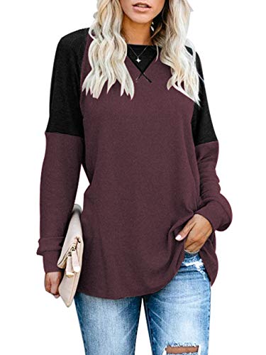Sarin Mathews Womens Tops Fall Casual Long Sleeve Shirts Round Neck Color Block Loose Fit Tunic Tops Blouses Burgundy M