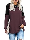 Sarin Mathews Womens Tops Fall Casual Long Sleeve Shirts Round Neck Color Block Loose Fit Tunic Tops Blouses Burgundy M