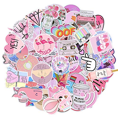 LOBKIN Cute Stickers 53Pcs, Laptop and Water Bottle Decal Aesthetic Trendy Sticker Pack for Teens, Girls, Women Vinyl Stickers (Pink)