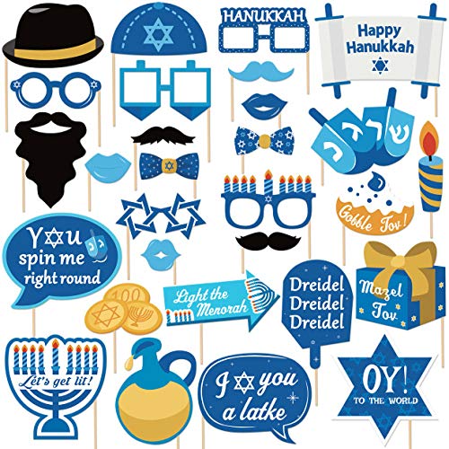 29Pcs Hanukkah Photo Booth Props Happy Hanukkah Party Decorations Chanukah Party Favor for Holiday Party, Blue Illumination Party Supplies