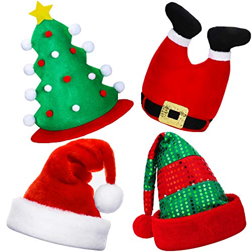 BBTO 4 Pieces Christmas Hats Santa Hat Novelty Christmas Tree Hat Traditional Xmas Santa Pant Hat Holiday Party Hats Costume Accessories