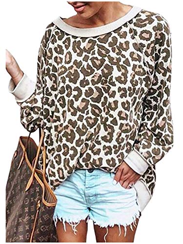 Book Cover CUALITA Women's Leopard Print Sweatshirt Crew Neck Tops Long Sleeve Casual Shirt Pullover Blouse