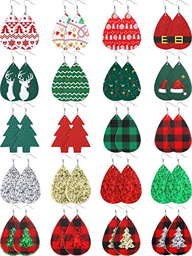 20 Pairs Women Christmas Faux Leather Earring Glitter Leaf Drop Dangle Earrings